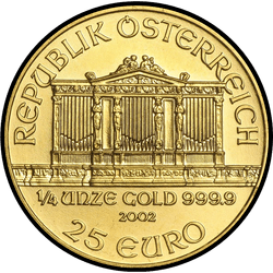 аверс 25 евро 2002 "Венская филармония 1/4 oz Gold"