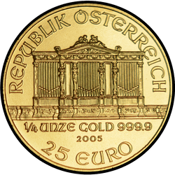 аверс 25 евро 2005 "Венская филармония 1/4 oz Gold"