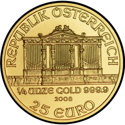 аверс 25 евро 2008 "Венская филармония 1/4 oz Gold"