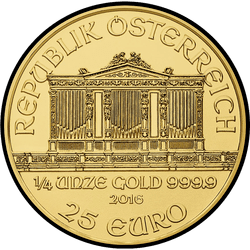аверс 25 евро 2016 "Венская филармония 1/4 oz Gold"