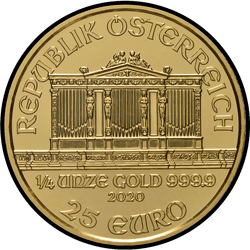 аверс 25€ 2020 "Венская филармония 1/4 oz Gold"