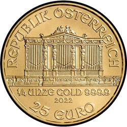 аверс 25 евро 2022 "Венская филармония 1/4 oz Gold"