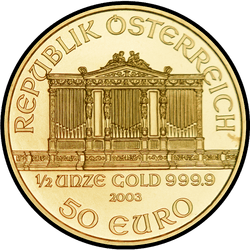 аверс 50 евро 2003 "Венская филармония 1/2 oz Gold"