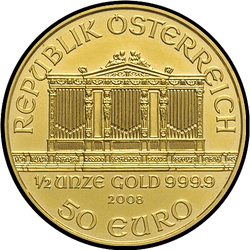 аверс 50 евро 2008 "Венская филармония 1/2 oz Gold"