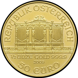 аверс 50 евро 2009 "Венская филармония 1/2 oz Gold"