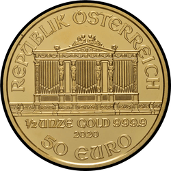 аверс 50 евро 2020 "Венская филармония 1/2 oz Gold"