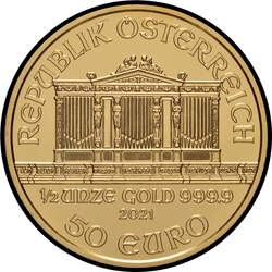 аверс 50€ 2021 "Венская филармония 1/2 oz Gold"