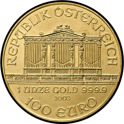 аверс 100€ 2003 "Венская филармония 1 oz Gold"