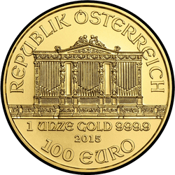 аверс 100€ 2015 "Венская филармония 1 oz Gold"