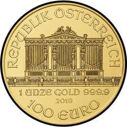 аверс 100€ 2019 "Венская филармония 1 oz Gold"