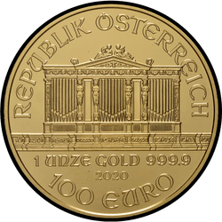 аверс 100€ 2020 "Венская филармония 1 oz Gold"