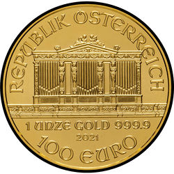 аверс 100€ 2021 "Венская филармония 1 oz Gold"