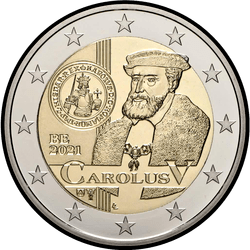 аверс 2€ 2021 "Charles V döneminde madeni paraların ikinci basımına ilişkin kararnamenin ortaya çıkmasının 500. yıldönümü"