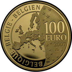 аверс 100 евро 2007 "175 лет бельгийским монетам"