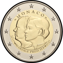 аверс 2€ 2021 "الذكرى العاشرة لزواج الأمير ألبرت الثاني أمير موناكو وتشارلين ويتستوك"