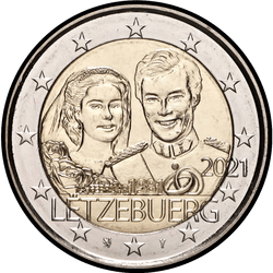 аверс 2€ 2021 "ग्रैंड ड्यूक हेनरी और ग्रैंड डचेस मारिया टेरेसा की 40वीं शादी की सालगिरह"