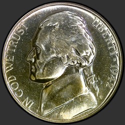 аверс 5¢ (nickel) 1942 "USA - 5 centů / 1942 - { "_": "důkaz"}"