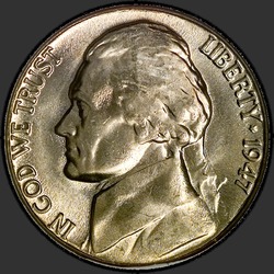 аверс 5¢ (никель) 1947 "США - 5 Cents / 1947 - D"