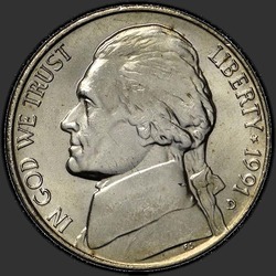аверс 5¢ (никель) 1991 "USA - 5 Cents / 1991 - D"