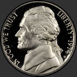 аверс 5¢ (nickel) 1974 "EUA - 5 cêntimos / 1974 - S Proof"