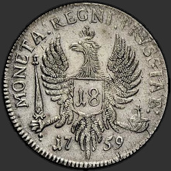 аверс 18 groszyn 1759 "18 pennies in 1759. "ELISABETHA ... ROSS" big head"