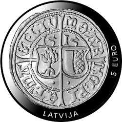 аверс 5€ 2015 "500. gadadiena - Livonijas ferding"