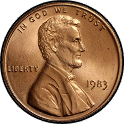 аверс 1¢ (penny) 1983 "미국 - 1 센트 / 1983 - 증거 S"