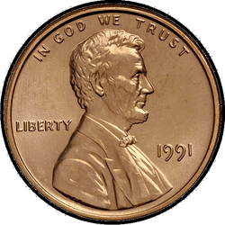 аверс 1¢ (penny) 1991 "USA - 1 Cent / 1991 - S Důkaz"