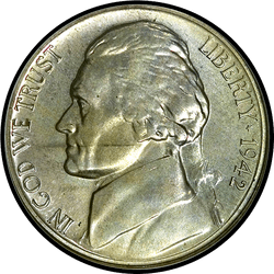 аверс 5¢ (никель) 1942 "USA - 5 Cents / 1942 - Jefferson Five Cent 1942 (Silver)"