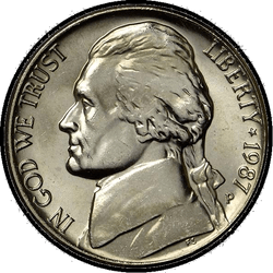 аверс 5¢ (nickel) 1987 "EUA - 5 cêntimos / 1987 - S Proof"