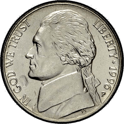 аверс 5¢ (nickel) 1996 "USA - 5 Cents / 1996 - S Todistus"