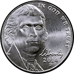 аверс 5¢ (никель) 2014 "США - 5 Cents / 2014 - D"