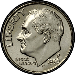 аверс 10¢ (дайм) 1996 "США - Dime / Рік випуску 1996 - срібло"