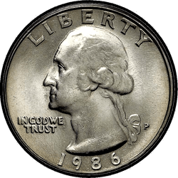 аверс 25¢ (quarter) 1986 "USA - kwartał / 1986 - S Dowód"