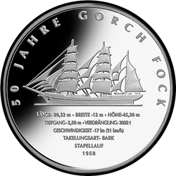 реверс 10 евро 2008 " 50 лет парусному учебному кораблю "Gorch Fock II""