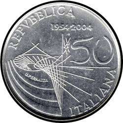 аверс 5€ 2004 "50-річчя - телебачення в Італії"