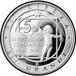 аверс 5€ 2018 "70 Years of Constitution of the Italian Republic"