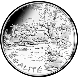 аверс 10€ 2015 "Asterix and Obelix - ÉGALITÉ, Vat of Food /Asterix the Gladiator/"