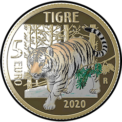 аверс 5€ 2020 "Зникаючі тварини - тигр"