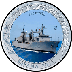 аверс 1,5€ 2019 "Нефтяник для пополнения запасов ВМС Испании Патиньо"