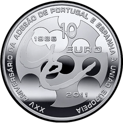 реверс 10€ 2011 "25-я гадавіна - Далучэнне Партугаліі і Іспаніі да ЕС"