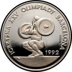 реверс 200000 zlotych 1991 "XXV Letnie Igrzyska Olimpijskie, Barcelona 1992 - Podnoszenie ciężarów PRÓBA /Ni/"