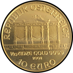аверс 10 евро 2002 "Венская филармония 1/10 oz Gold"