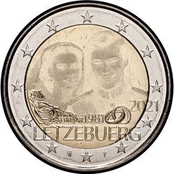 аверс 2€ 2021 "ग्रैंड ड्यूक हेनरी और ग्रैंड डचेस मारिया टेरेसा की 40वीं शादी की सालगिरह"